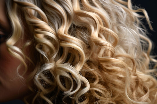 Curly Blond Hair Closeup, No Face. Side View Of Beautiful Blond Woman With Long Wavy Hair. AI Generated Image.