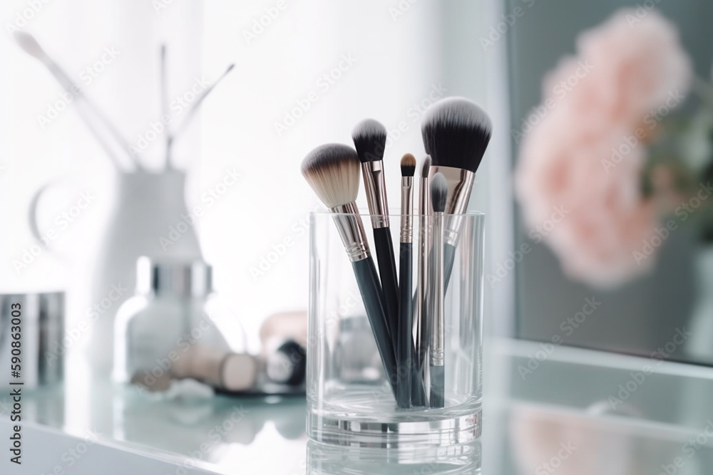 Wall mural makeup brushes in a glass. clean professional makeup brushes set for make-up artist, cosmetics, make