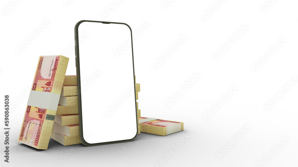 Poster 3d rendering of a mobile phone with blank screen and stacks of afghan afghanis notes behind isolated