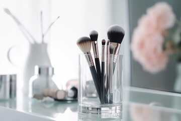 Makeup brushes in a glass. Clean professional makeup brushes set for make-up artist, cosmetics, make up theme. AI generated