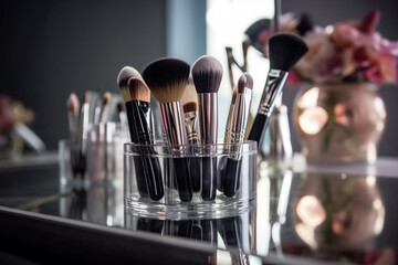 Makeup brushes in a glass. Clean professional makeup brushes set for make-up artist, cosmetics, make up theme. AI generated