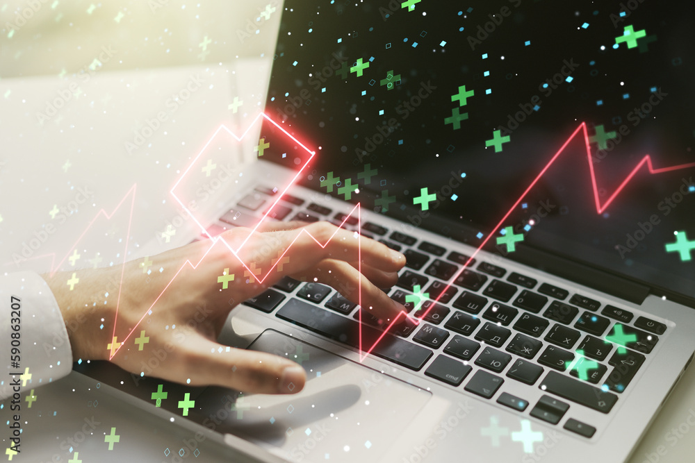 Poster Creative abstract heart pulse hologram and hands typing on computer keyboard on background, online medical consulting concept. Multiexposure