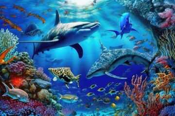 Fototapeta premium pod of dolphins gracefully swimming in the deep blue sea. Generative AI