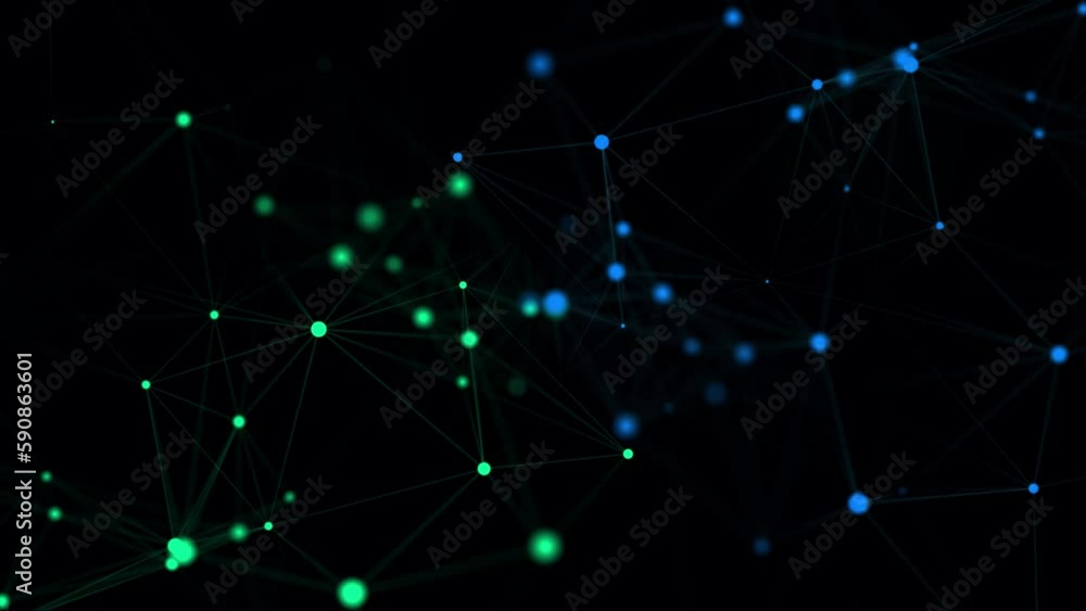 Poster Abstract background with interweaving of colored lines and dots. Network connection structure. Data exchange. 3D