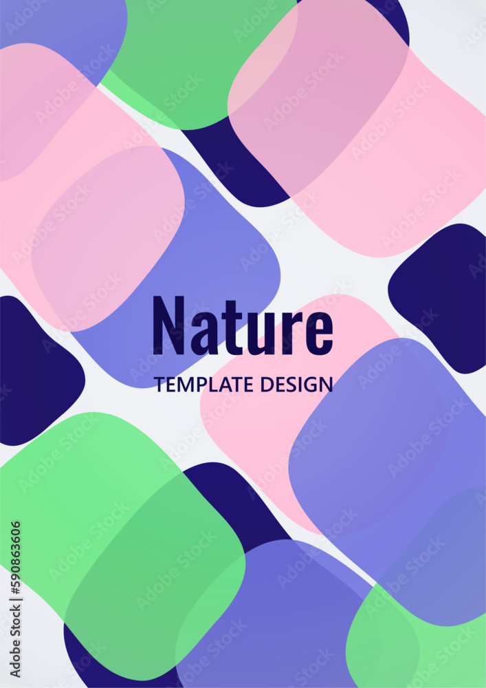 Poster geometric composition with a transparent overlay of colored rounded, square shapes. vector.