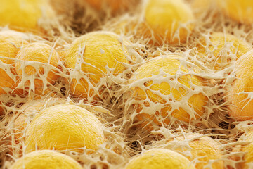 Yellow human adipose tissue cells under a microscope. Fat cells. Cholesterol. Close up. 3d rendering