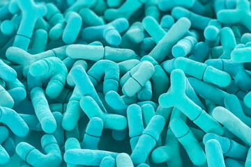 Blue Bifidobacterium, lactobacillus, Microbiome under microscope. Probiotic cells. 3d rendering