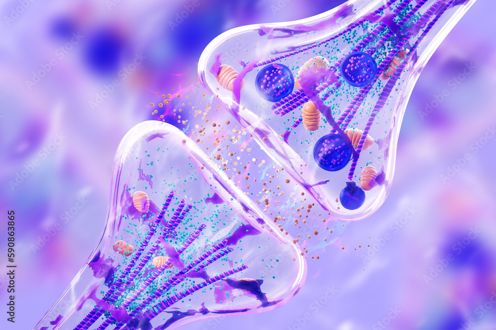 Fototapete Scientific visualization of signal transmission between two synapses in the human brain. Concept of structure synapse. 3d rendering