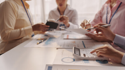 Close up brainstorming of asian businesswoman, bookkeeping, industrial sector of government...