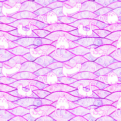 Cats on purple waves. Pink, purple, blue and white seamless pattern. Hand-drawn pets on vacation. Endless backdrop. Cute wallpaper. Wavy sea background and cats in a cartoon style for your design.