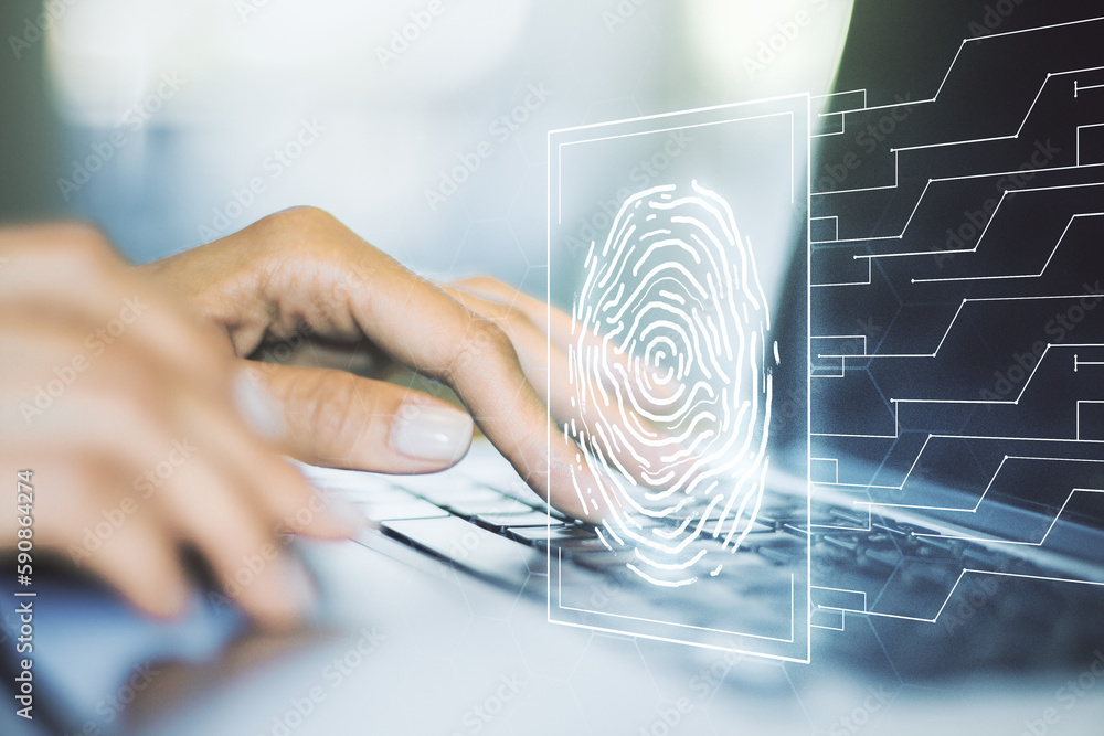 Aufkleber Double exposure of abstract creative fingerprint hologram with hands typing on laptop on background, research and development concept