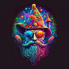 Surreal Psychedelic trippy vibrant colorful magical enchanted magic mushroom wizard portrait