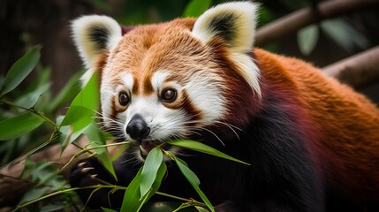 Red Panda Eating Bamboo Leaves
