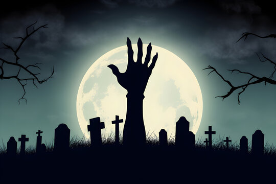 Zombie Hand Rising From Tomb in Graveyard at Night With Full Moon on Background: AI Generated Image