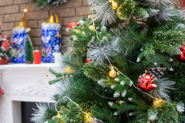 Decorated New year, Christmas room with beautiful fir tree and fireplace
