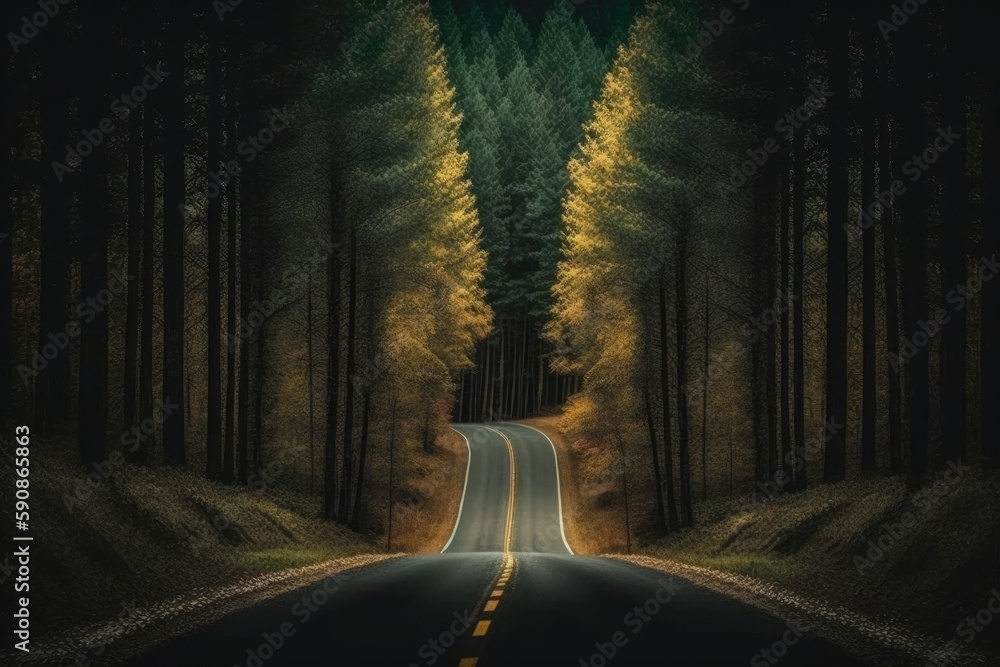 Poster an empty road winding through a dense forest. generative ai