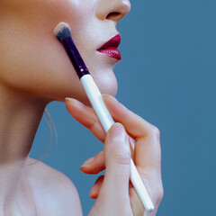 Application of blush with brush on woman's cheekbone close-up