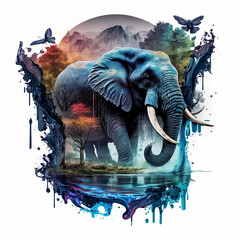 Surreal Psychedelic vibrant colorful Massive elephant animal in the jungle art