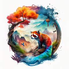 Surreal Psychedelic vibrant colorful Red Panda animal in the jungle art