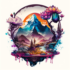 Psychedelic Spiritual surreal landscape with giant mushrooms and buddhist elements