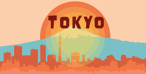 Vector cartoon illustration of Tokyo city skyline. Silhouette of Fujiyama in peach colors. Japan with red sun.