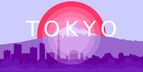 Vector cartoon illustration of Tokyo city skyline. Silhouette of Fujiyama in lilac tones. Japan with red sun.