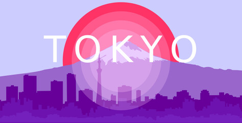 Vector cartoon illustration of Tokyo city skyline. Silhouette of Fujiyama in lilac tones. Japan with red sun.