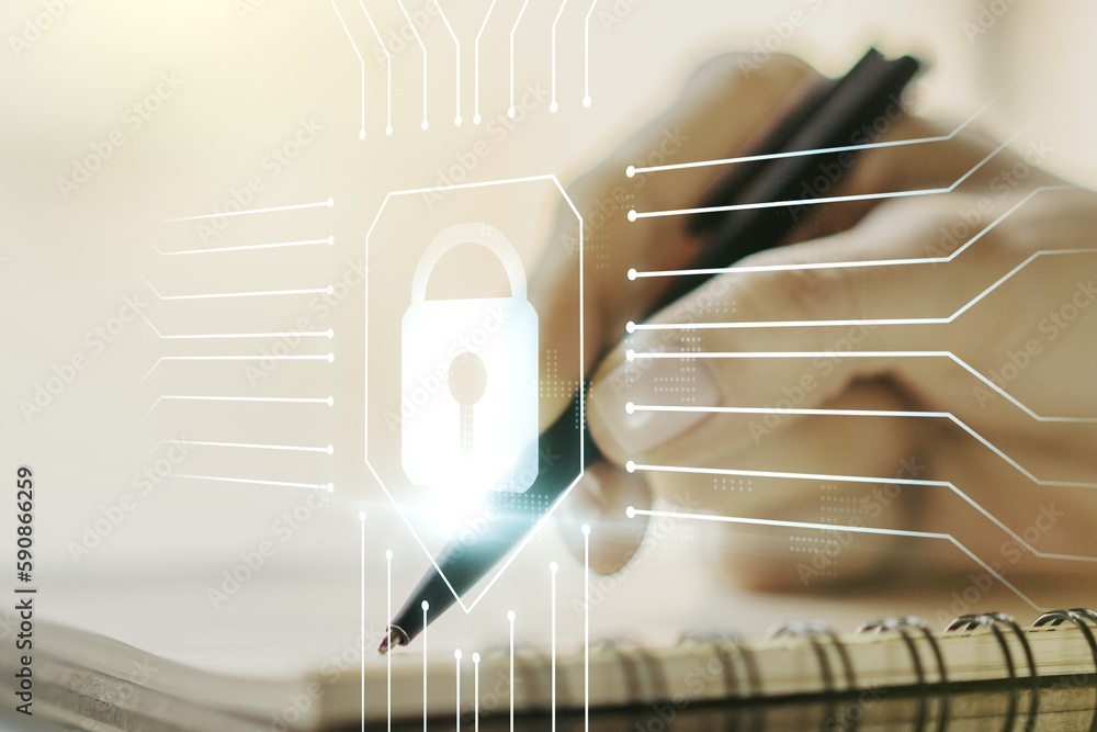 Poster creative lock sketch with chip hologram and woman hand writing in notepad on background, protection 