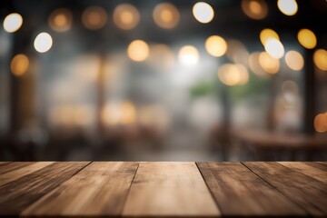 Wooden table top mockup with cozy lights bokeh on blur restaurant background, generative ai