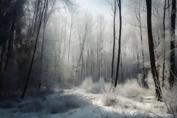 Snowy Winter Forest with Snowfall on Background