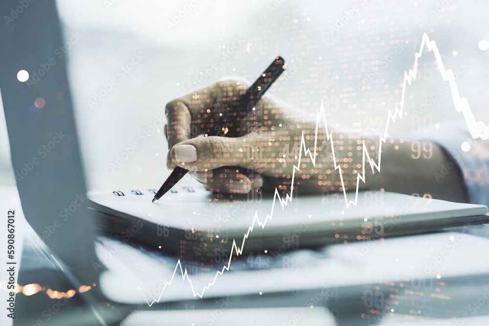 Poster multi exposure of abstract financial diagram with world map and with hand writing in notepad on back