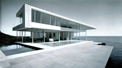 Modern luxury beach house or hotel on seashore or ocean coast, generative ai