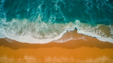 Fototapeta premium Top view aerial image from drone of an stunning beautiful sea landscape beach with turquoise water. Beautiful Sand beach with turquoise water. AI Generated