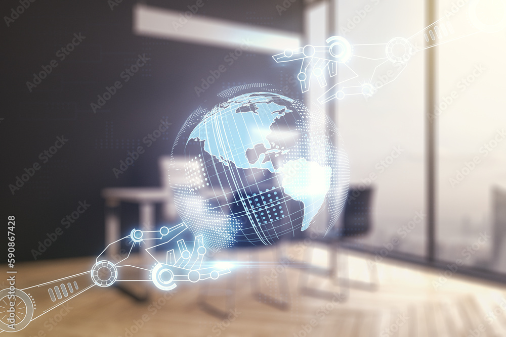 Aufkleber creative concept of robotics technology with globe sketch and modern desktop with computer on backgr