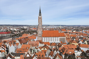 Cityscape of Landshut in Lower Bavaria, Germany. Town centre with St. Martin's Church.