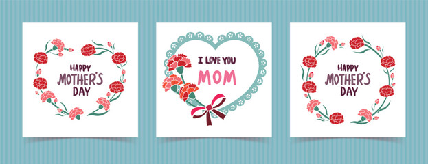 Set of mothers day greeting cards design with hearts and carnation flower decoration. Vector illustration.