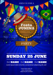 Festa Junina poster with colorful lanterns and pennants. Brazilian june festival background with wooden signboard - obrazy, fototapety, plakaty