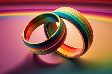 Golden figured rainbow wedding rings on bright background, Generative AI