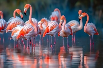 Fototapeta na wymiar Flamingos standing in a lake in the evening light