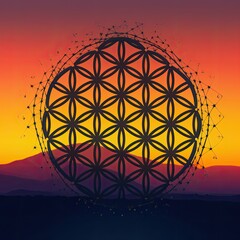 Minimalist Sunset Grid with Flower of Life (AI Generated)
