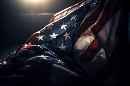 Closeup of American flag in dramatic cinematic lighting created with Generative AI technology