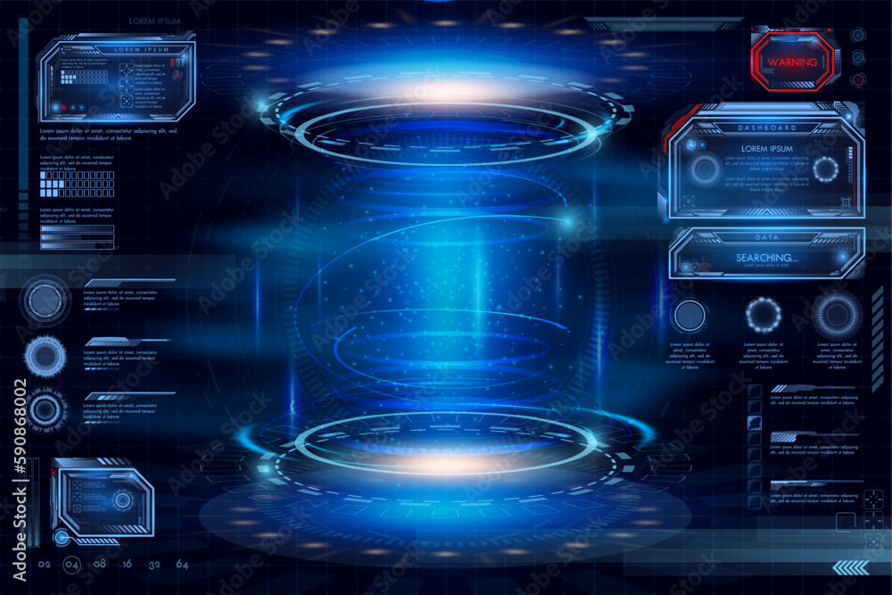 Aufkleber Game interface. Futuristic HUD background. 3D cyber space design. Spaceship technology. UI cyberpunk elements. Glowing tech frame. Hologram virtual dashboard. Vector computer infographic