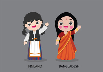 Finland peopel in national dress. Set of Bangladesh woman dressed in national clothes. Vector flat illustration.