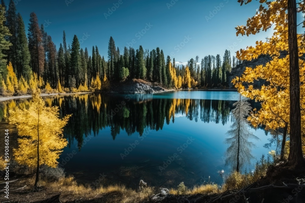 Poster serene lake with autumnal trees in the background. generative ai
