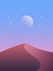 Obraz premium Illustration of night desert with sand dune, full moon and starry sky view.