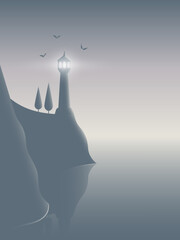 Illustration of mysterious lighthouse in the fog on the dark cliff, flock of seagulls and calm water in grey colors.