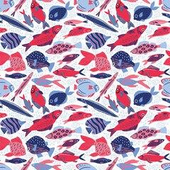 Obraz premium Doodle fish fabric, children pattern. Swimming sea nature for baby or kid textile decor, comic hand drawn animals, cute ocean sign. Wrapping paper, wallpaper design. Vector seamless print