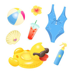 Set of vector illustrations of beach accessories. Swim circle, swimsuit, cocktail, beach ball, seashell, sunscreen