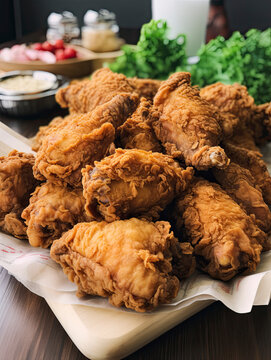 Huge pile of golden crispy fried chicken at the dinner table created with Generative AI technology