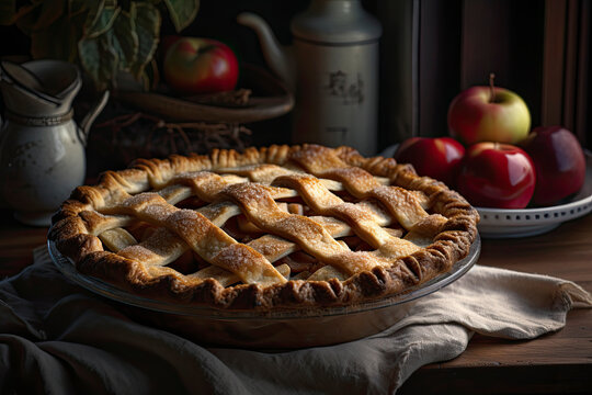 Perfectly baked apple pie with golden brown basket weave crust created with Generative AI technology